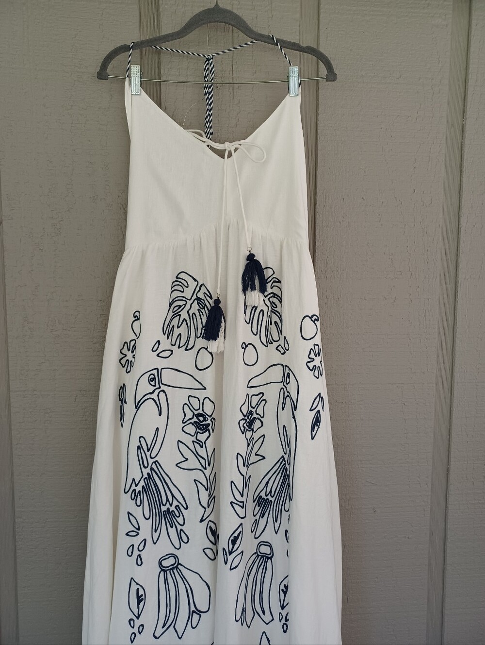 Farm Rio Embroidered Halter Maxi Dress Size XL Linen Blend Tassel Open Back Wome - Picture 11 of 16